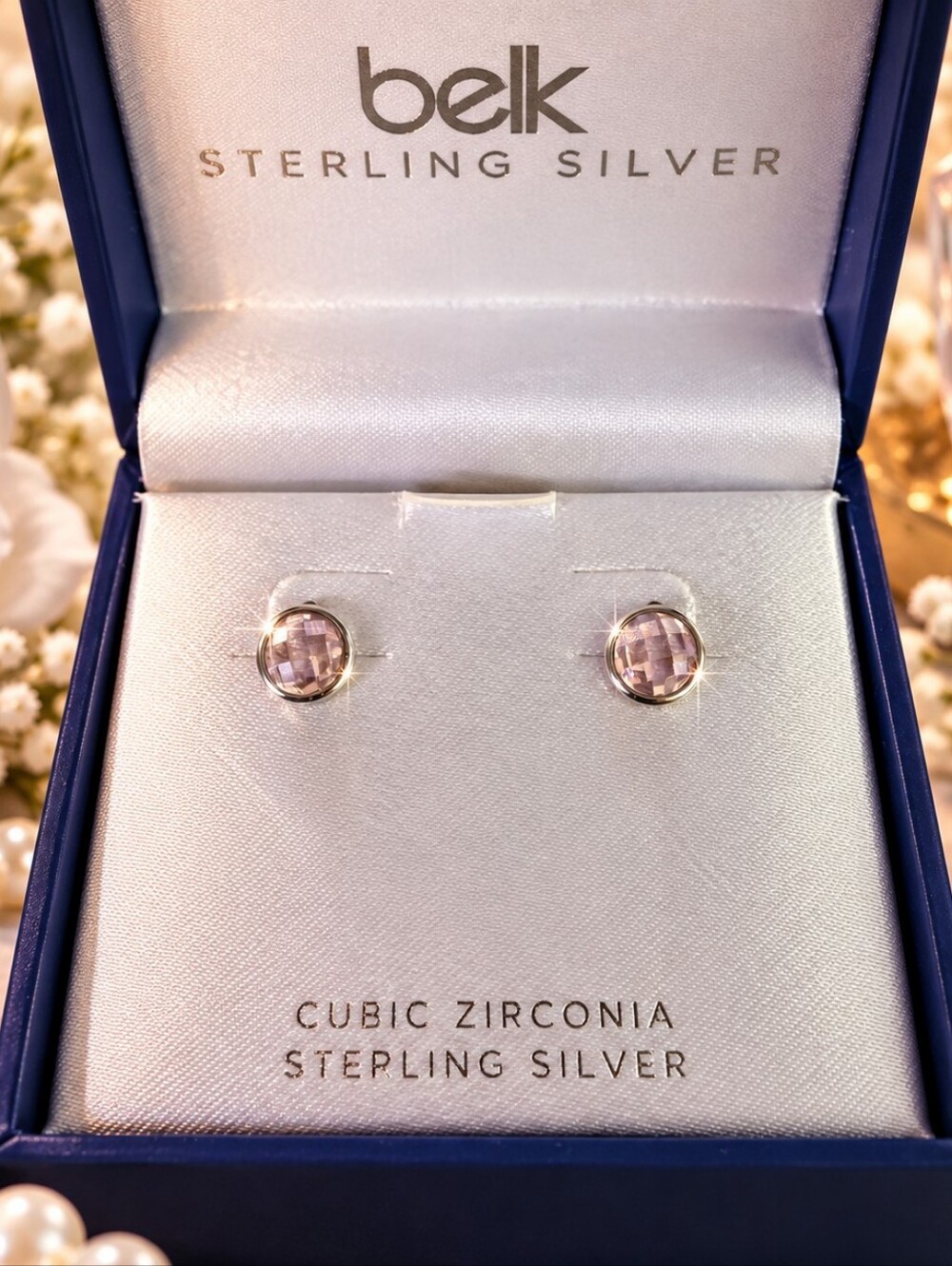 Belk Sterling Silver Pink CZ Round Stud Earrings Boxed NWT